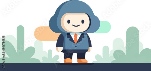 A cartoon character in a suit stands in a stylized landscape
