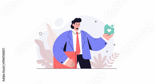 Stylized person in blue suit, red tie, holding heart icon