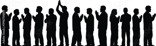 Silhouette illustration of group of people clapping together, showing unity, celebration, recognition, and collective applause gesture in social event 
