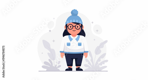 A cheerful character in winter attire, with a bobble hat and round glasses, stands against a minimalist backdrop