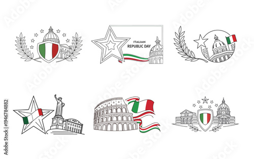 Italian republic day with landmarks and flags italy colosseum