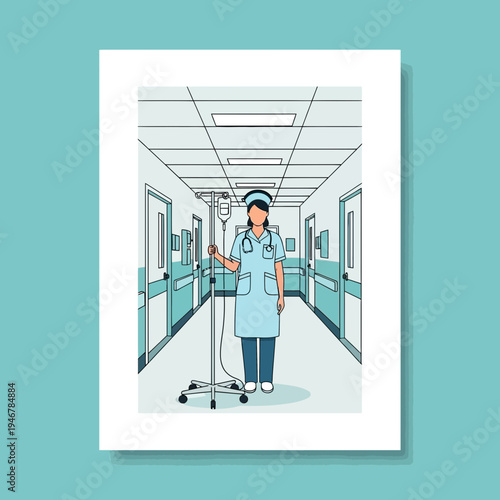 Medical Professional Standing In Hospital Corridor Amidst Patient Care And Healthcare Duties