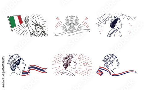 Monarchy and iconic landmarks with flags queen king crown statue of liberty italian flag