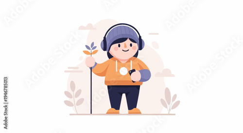 Cheerful individual with headphones, phone, and plant, enjoying music amidst soft, abstract shapes
