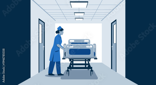 Medical Professional Transporting Patient Bed Through Hospital Corridor Artwork Depiction
