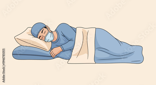 Medical Professional Resting, Depicting Sleep with Protective Face Mask on a Pastel Background