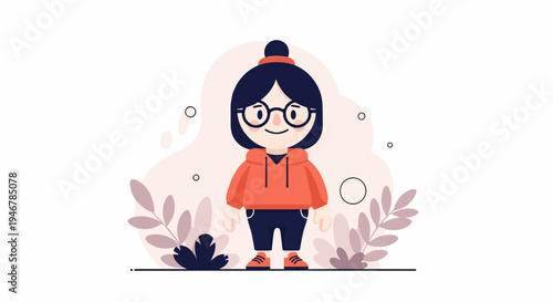 Charming cartoon girl with dark hair in a bun, glasses, orange hoodie, and dark pants