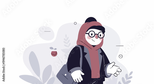 A smiling, bespectacled person wearing a hooded jacket and scarf extends a hand, with plants in background