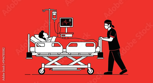 Medical Professional Transporting Patient On Gurney In Emergency Hospital Illustration