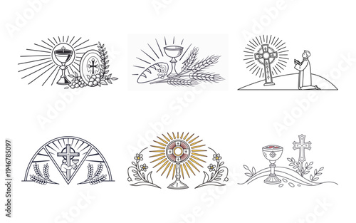 Christian communion symbols with crosses chalices bread and wine eucharist