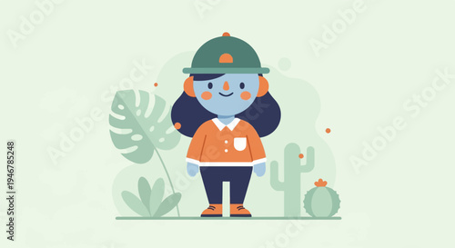 A stylized cartoon figure with blue skin, an orange shirt, and a green hat stands amid desert flora