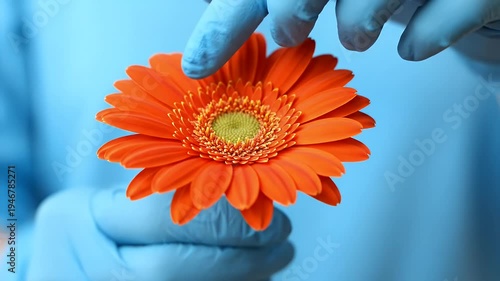Orange Gerbera Daisy Flower Held by Gloved Hands.