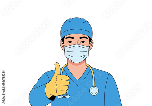 Medical Professional Showing Thumbs Up in Blue Uniform and Mask for Healthcare and Support