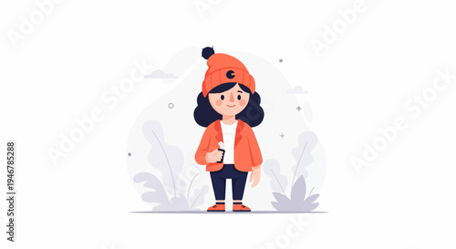 A cheerful girl in an orange beanie and jacket holds a small object