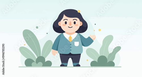 A stylized person in business attire waves hello amidst pastel-colored foliage and abstract dots