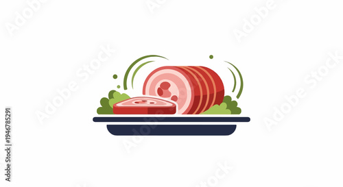 A stylized illustration of a roasted meat roll and a slice of meat on a platter with greens