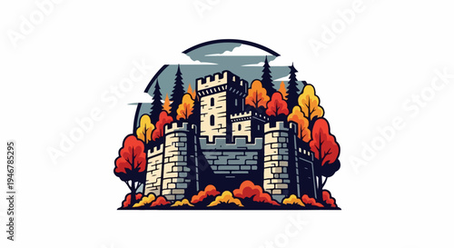 A stylized medieval castle stands strong amidst vibrant autumn foliage, with dark conifers and a cloudy sky behind