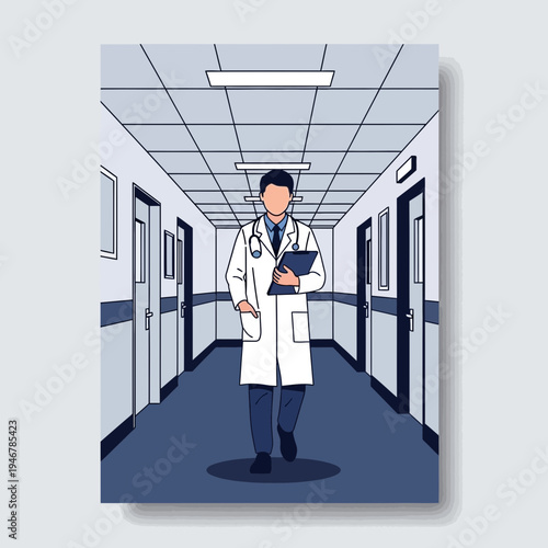 Medical Professional Walking Through Hospital Corridor, Medical Examination, Healthcare Concept