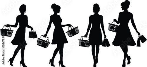 Silhouette illustration of fashionable women carrying shopping baskets and bags, walking in stylish dresses and high heels, representing retail activity, consumer behavior, and lifestyle design