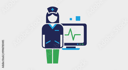 Medical Professional Standing Beside Medical Monitor Icon Depicting Vital Signs