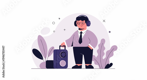 Cartoon person with headphones and suitcase stands near plants