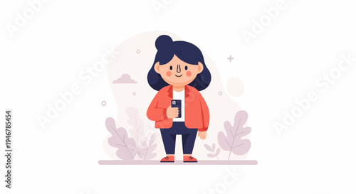 Cartoon woman in coral jacket, dark pants, and red shoes holding a smartphone with a dark bun