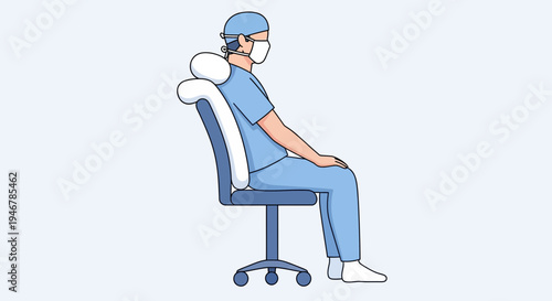 Medical Professional Wearing Mask and Scrubs Seated in Ergonomic Chair Illustration
