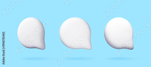 Three white 3D speech bubbles floating on light blue background. Minimalist communication icons for chat, messaging, and dialogue concepts in digital design. Vector illustration