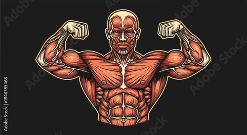 Muscular anatomical illustration of a man flexing his biceps with detailed muscle definition