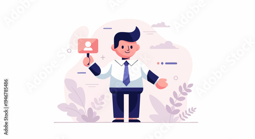 Stylized person in business attire holds profile icon against soft, abstract background
