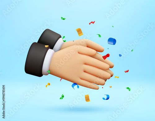 3D illustration of businessman hands clapping with colorful confetti. Approval, success and celebration concept. Cartoon style design for business greeting or appreciation event. Vector illustration