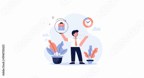 Minimalist illustration of a man holding a mail icon, symbolizing communication and workflow