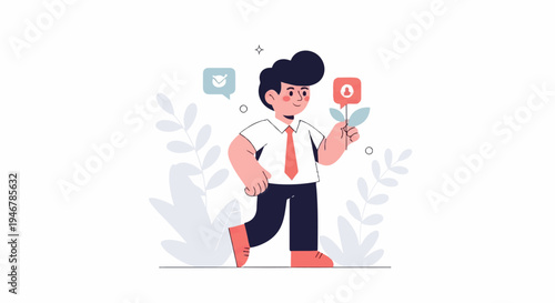 A stylized man in a shirt and tie holds a flower with a user icon