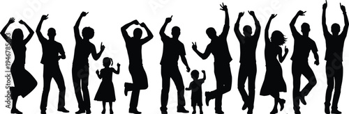 Silhouette illustration of adults and children dancing together, showing joy, celebration, unity, and family community gathering in festive social interaction concept