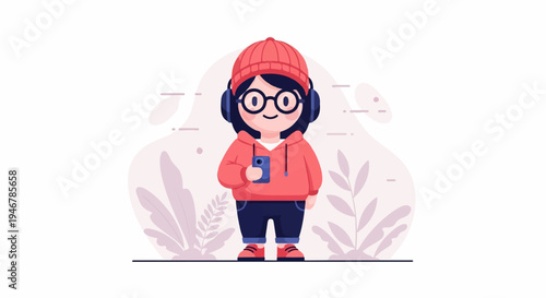 A cartoon character with headphones, glasses, and a smartphone, wearing a beanie and hoodie