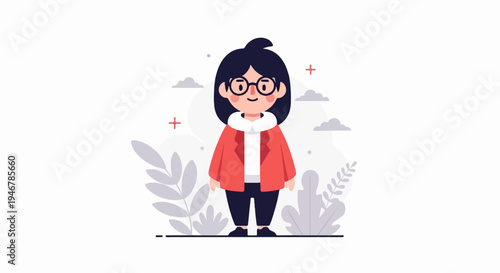 Cute cartoon person with glasses, red jacket, and plants