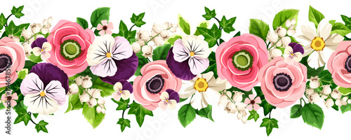 Floral seamless border with pink, white, and purple pansy, anemone, and lily of the valley flowers and green leaves. Vector horizontal seamless garland with garden flowers