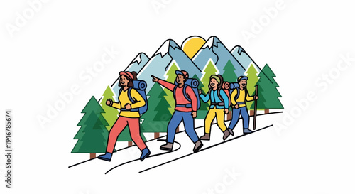 Four hikers with backpacks walk towards mountains and pine trees under a bright sun