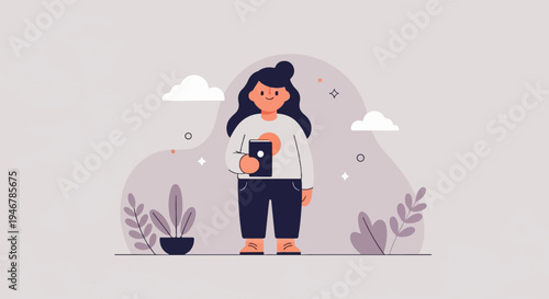 A stylized character holding a book amidst a whimsical backdrop with clouds and plants