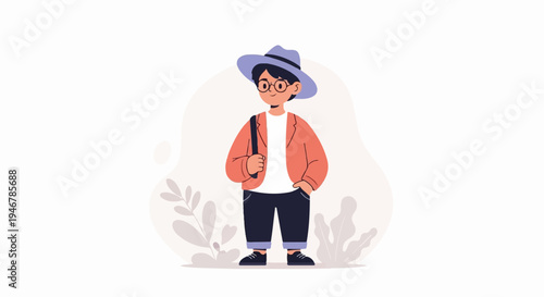 A stylized young person in a hat, jacket, and carrying a bag