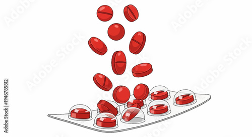 Red pills falling into a blister pack with some already in place