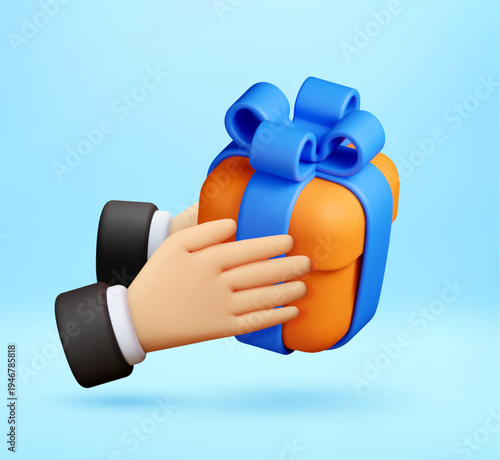 3D human hand holding orange gift box with blue ribbon. Festive present delivery concept. Surprise celebration element for special event, holiday, birthday or anniversary. Vector illustration