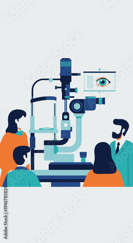Medical Professionals Analyze Patient's Eye Using Sophisticated Equipment, Modern Healthcare