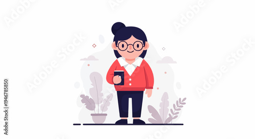 Cheerful cartoon woman with glasses holds a book, surrounded by simple plants