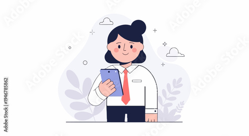 A cheerful person in formal attire holds a mobile device while surrounded by decorative elements