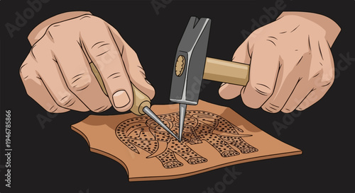 Close-up of hands carving intricate elephant design onto leather with hammer and tool