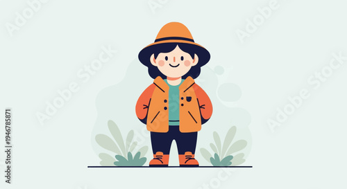 Cheerful character with orange hat and jacket stands among abstract plants