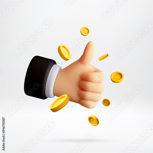 3D illustration of businessman hand showing thumbs up sign with golden coins flying. Financial success, profit growth and investment concept. Business achievement reward icon. Vector illustration
