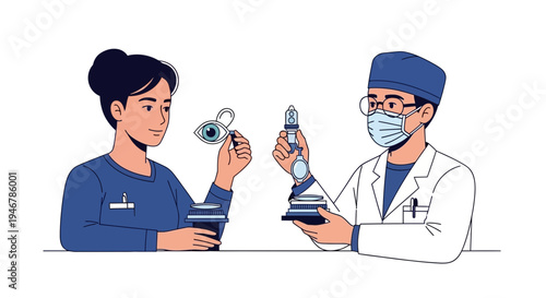 Medical Professionals Collaborating in Eyecare, Demonstrating Vision and Diagnostic Instruments