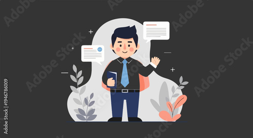 A cheerful, cartoonish figure in business attire holds a book and interacts through speech bubbles
